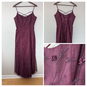Vintage Y2K Morgan Co Prom Dress 11/12 Burgundy Floral Beaded Dark Romantic